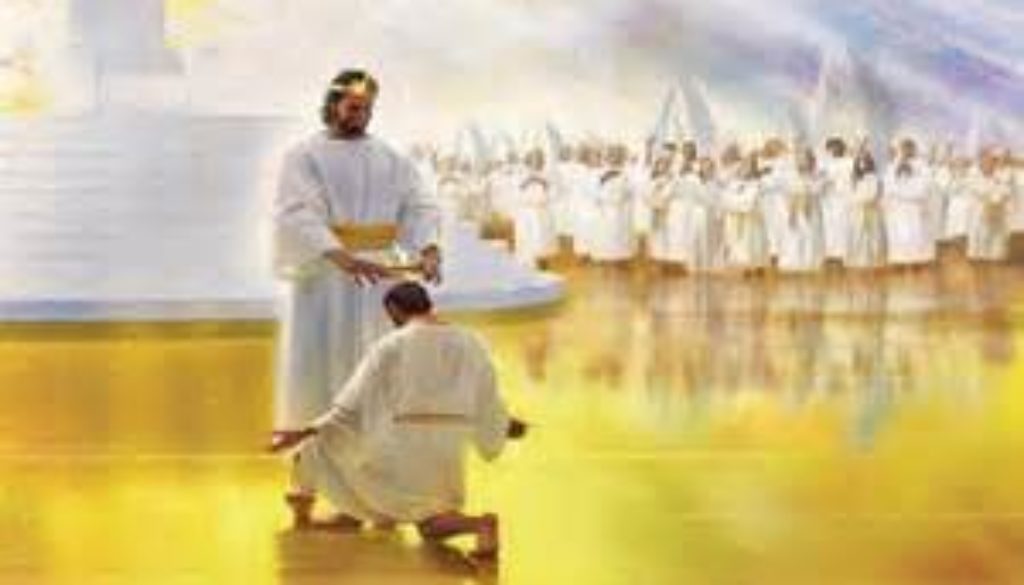 Jesus placing crown on servant
