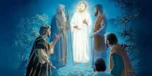 jesus standing with Moses and Elijah as Peter, James and John look on