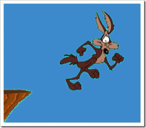 Wile e Coyote steps off a cliff