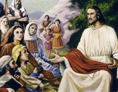Jesus teaching a mixed gender crowd